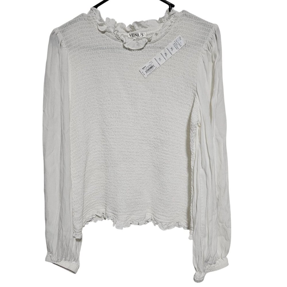 Venus Smocked Top Womens Size XL White Long Sleeve Blouse Ruffled Collar